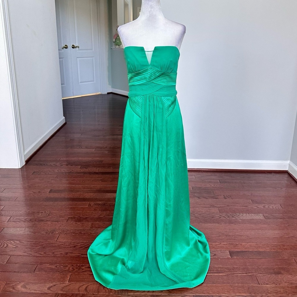 BCBGMAXAZRIA Green Hues Strapless‎ Plunge Sexy Unique Flowy Draped Gown Dress